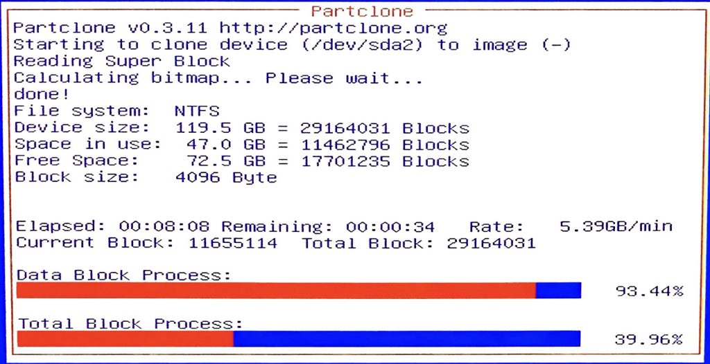 A Clonezilla által készített lemezkép előrehaladásának állapota, 39.96%